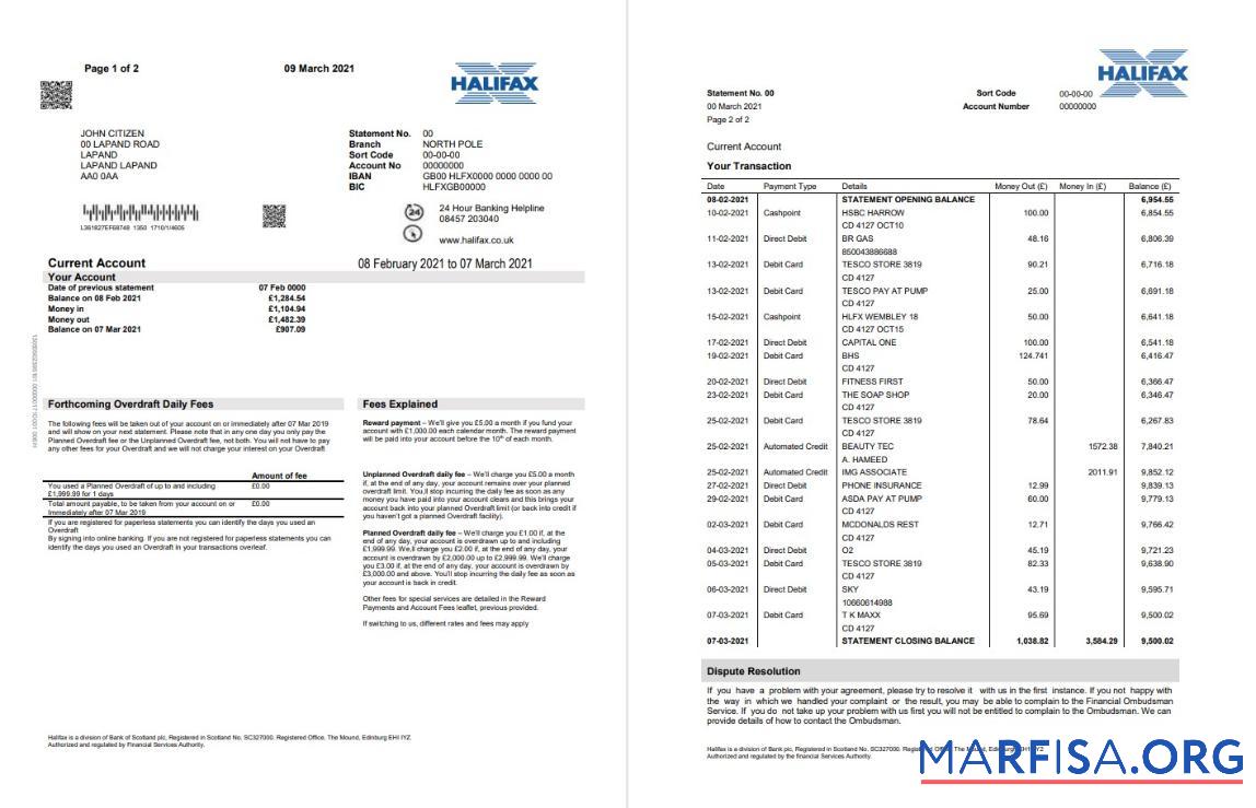 Realistic United Kingdom Halifax bank proof of address statement word (2 pages) sample